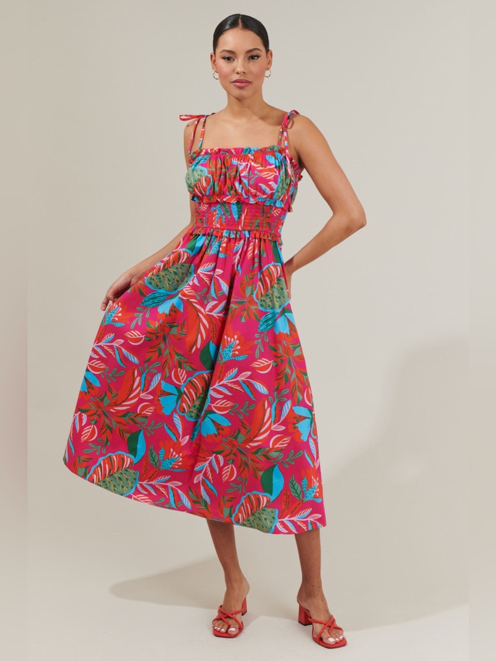 NWT Sugarlips Cactus Blossom Smocked Waist Tie Strap Poplin Midi Dress - Picture 2 of 4